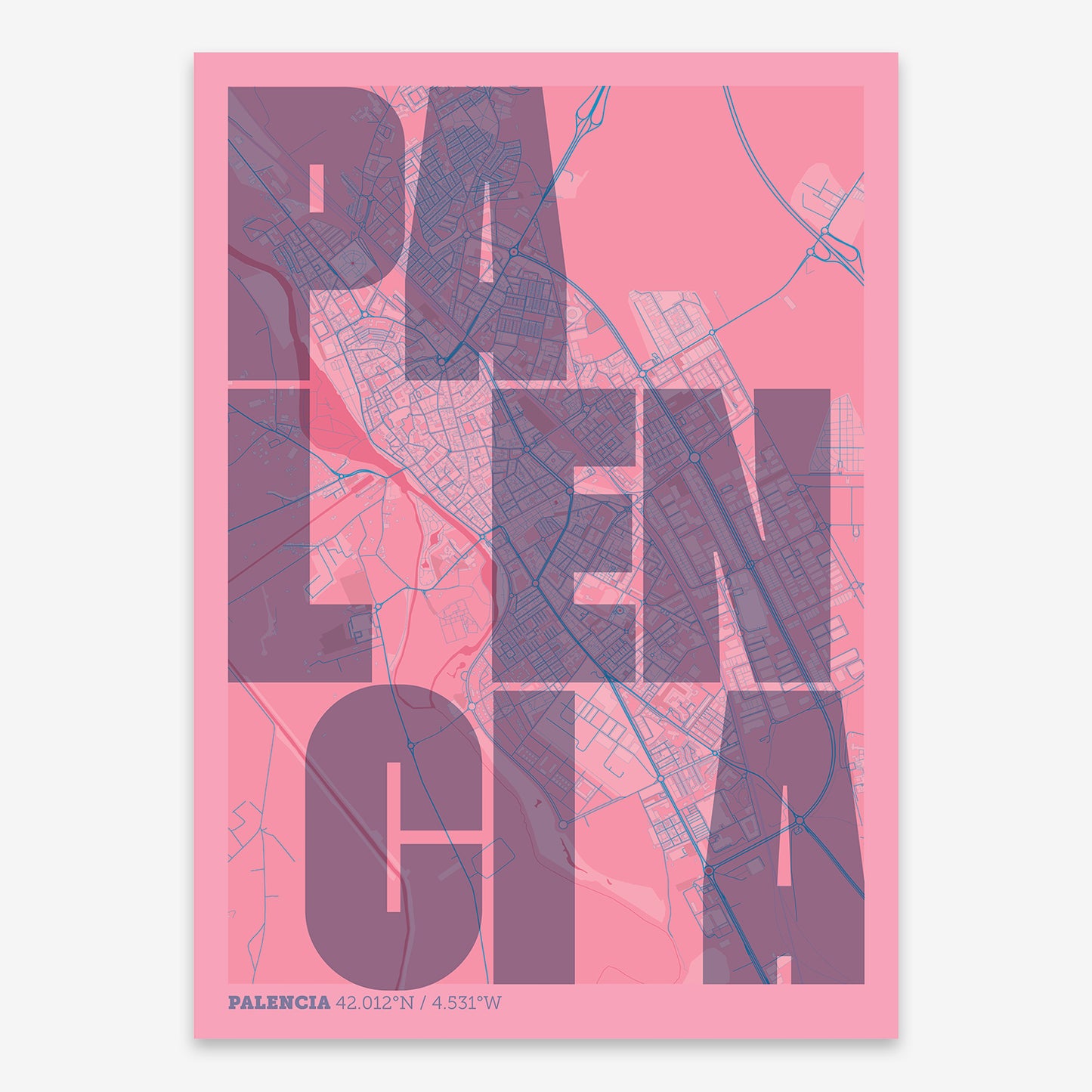 The map of Palencia with letters of its name placed randomly, designed in violet y pink background