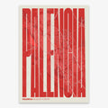 Decorative map of Palencia and letters of its name in a giclée print designed in red and an off-white background