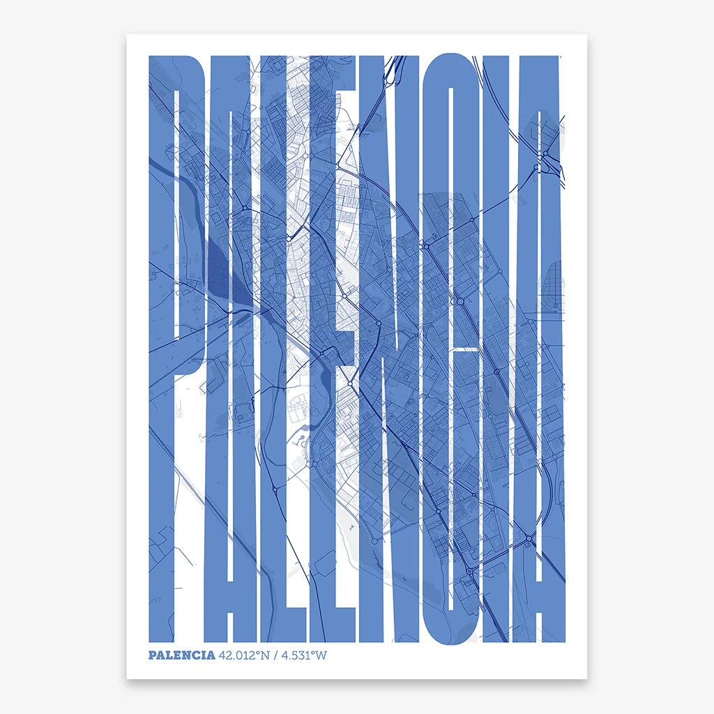 Decorative map of Palencia and letters of its name in a giclée print designed in navy blue and white