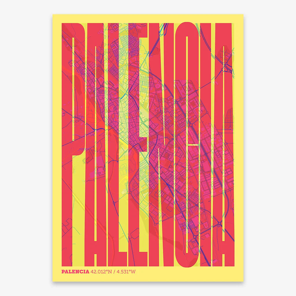 Decorative map of Palencia and letters of its name in a giclée print designed in yellow and fuchsia