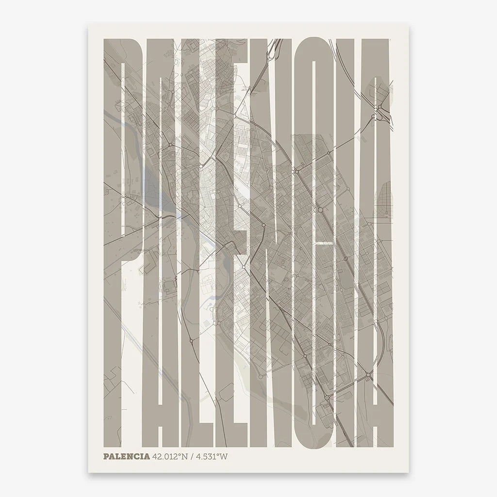 Decorative map of Palencia and letters of its name in a giclée print designed in light brown and an off-white background