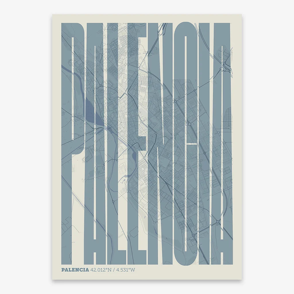 Decorative map of Palencia and letters of its name in a giclée print designed in bluish gray and an off-white background