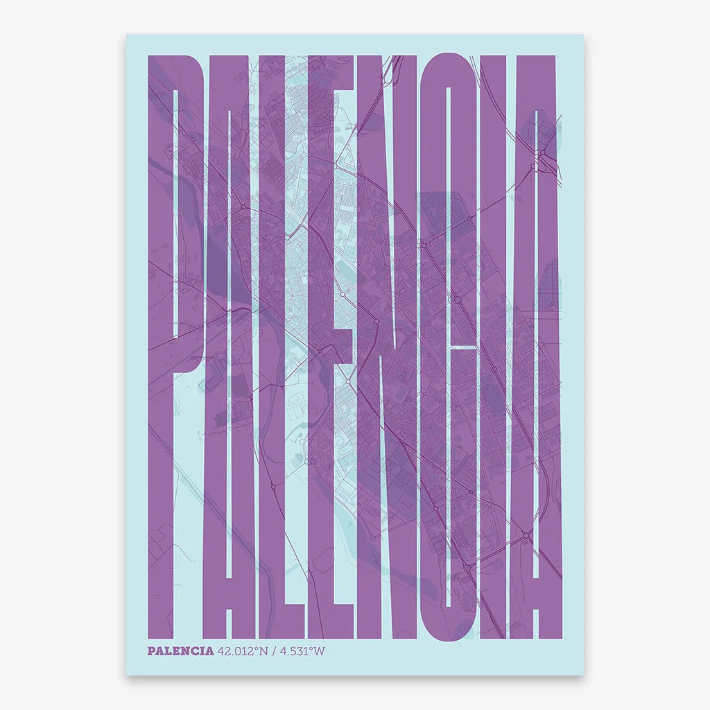 Decorative map of Palencia and letters of its name in a giclée print designed in purple and light blue