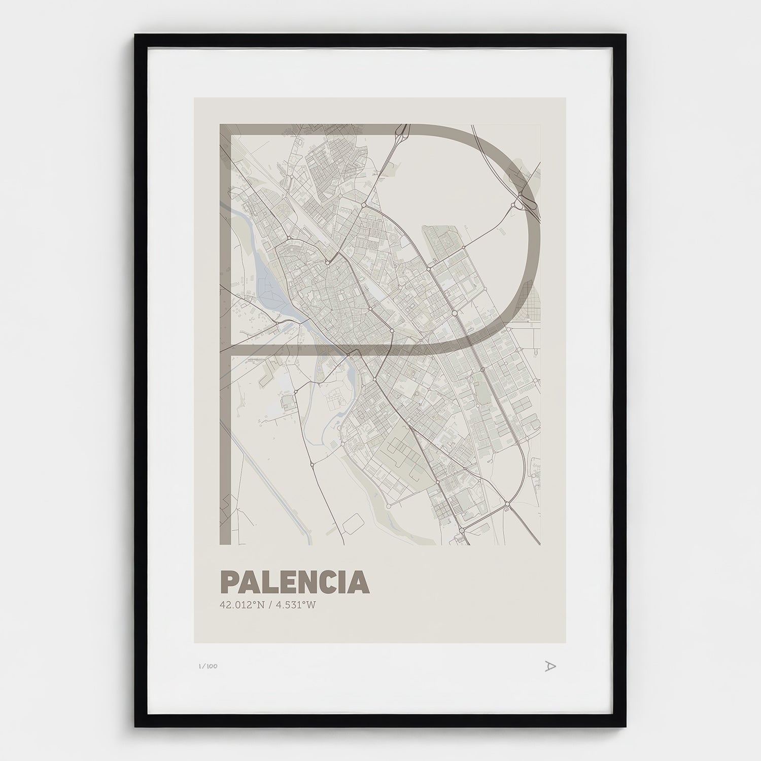 Lámina tipográfica de Palencia – diseño Ultrafina, marco negro