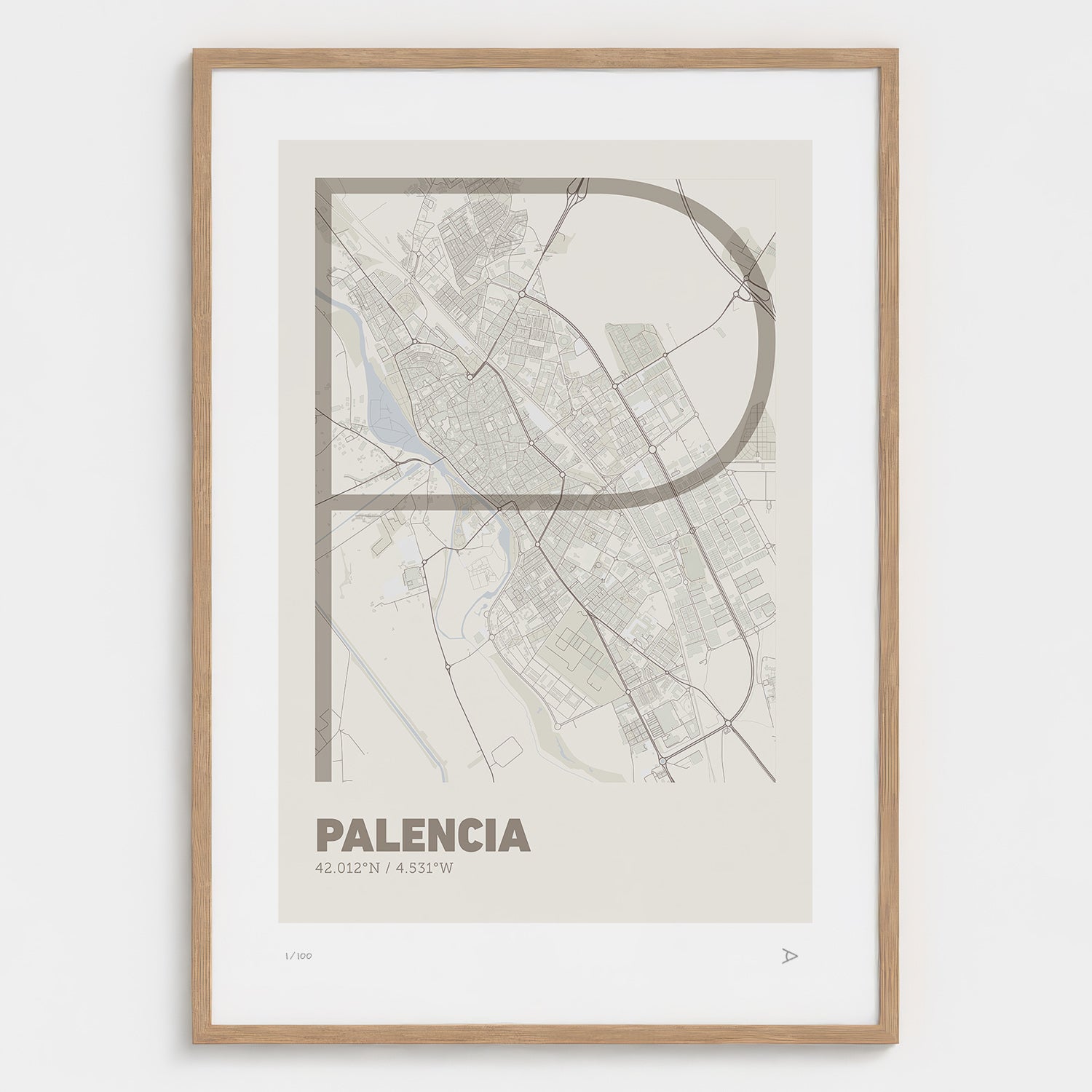 Lámina tipográfica de Palencia – diseño Ultrafina, marco de madera natural