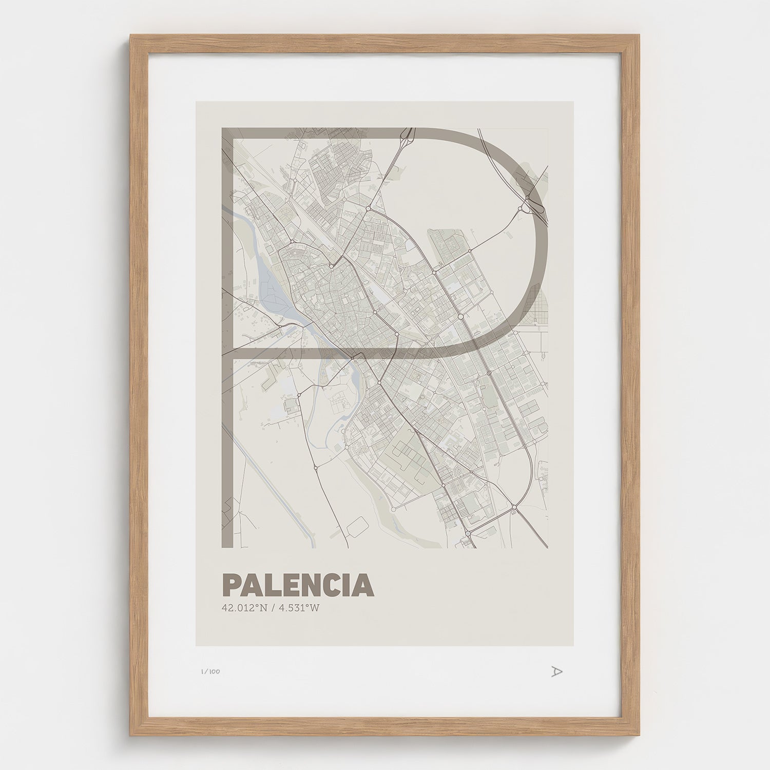 Lámina tipográfica de Palencia – diseño Ultrafina, marco de madera natural