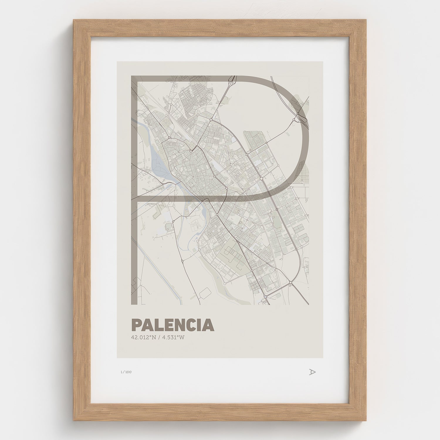Lámina tipográfica de Palencia – diseño Ultrafina, marco de madera natural