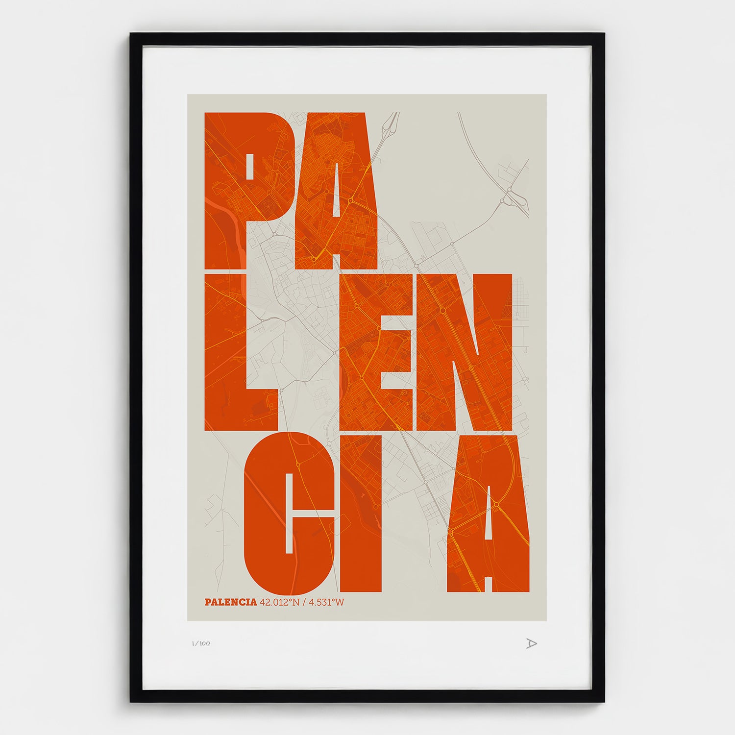 Lámina tipográfica de Palencia – diseño Revoltosa, marco negro