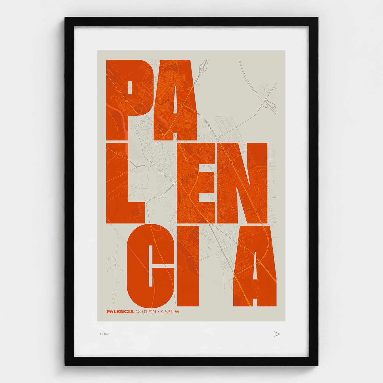 Lámina tipográfica de Palencia – diseño Revoltosa, marco negro