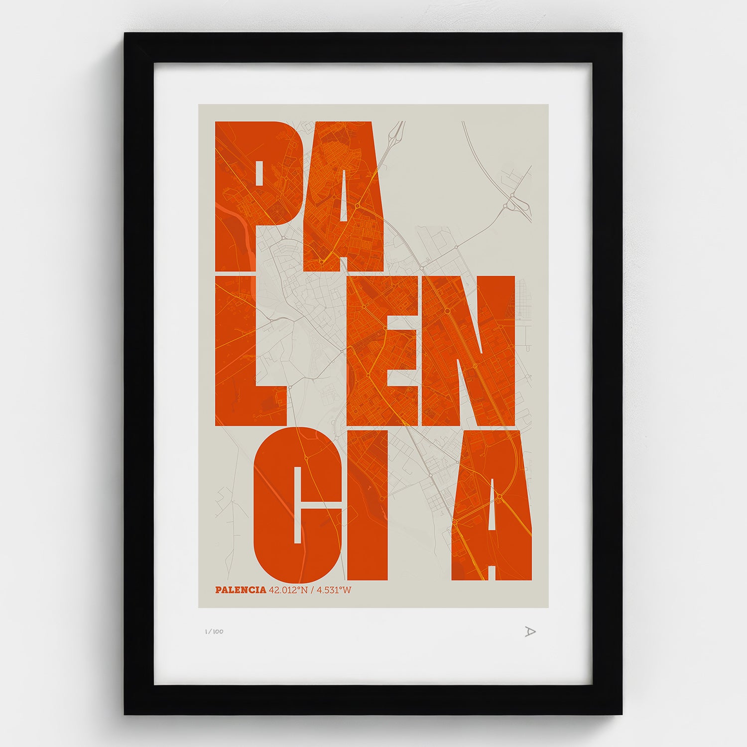 Lámina tipográfica de Palencia – diseño Revoltosa, marco negro