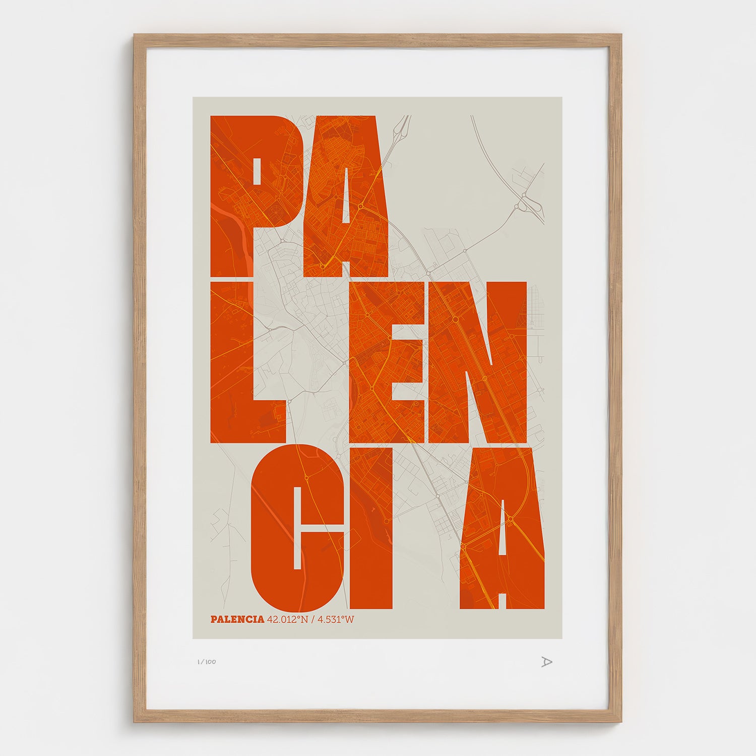 Lámina tipográfica de Palencia – diseño Revoltosa, marco de madera natural