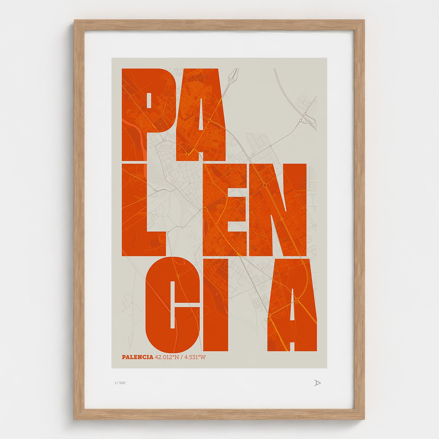 Lámina tipográfica de Palencia – diseño Revoltosa, marco de madera natural