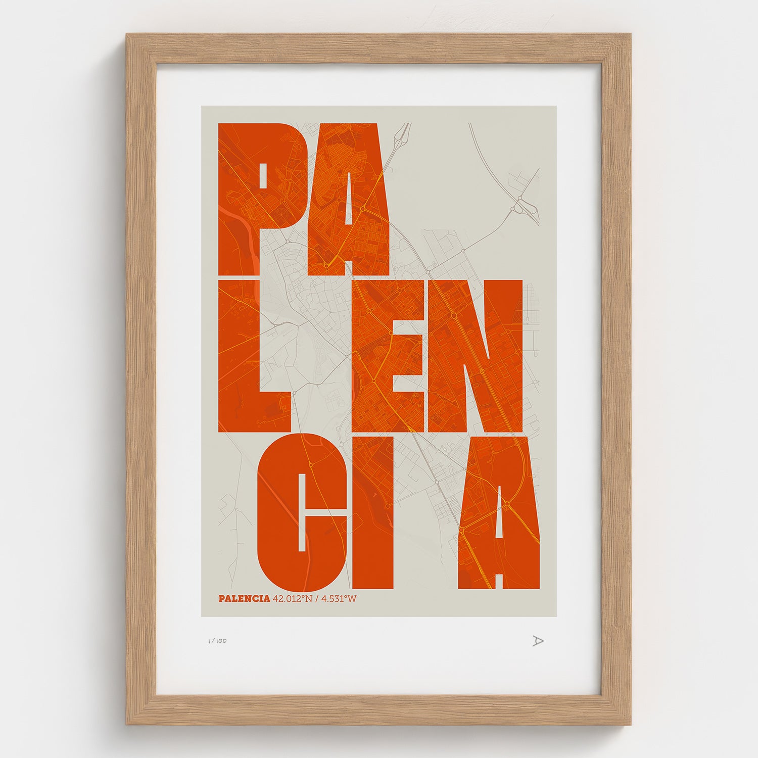 Lámina tipográfica de Palencia – diseño Revoltosa, marco de madera natural