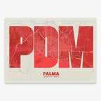 Decorative print of Palma composed with letters in a heavy geometric font printed on red and an off-white background