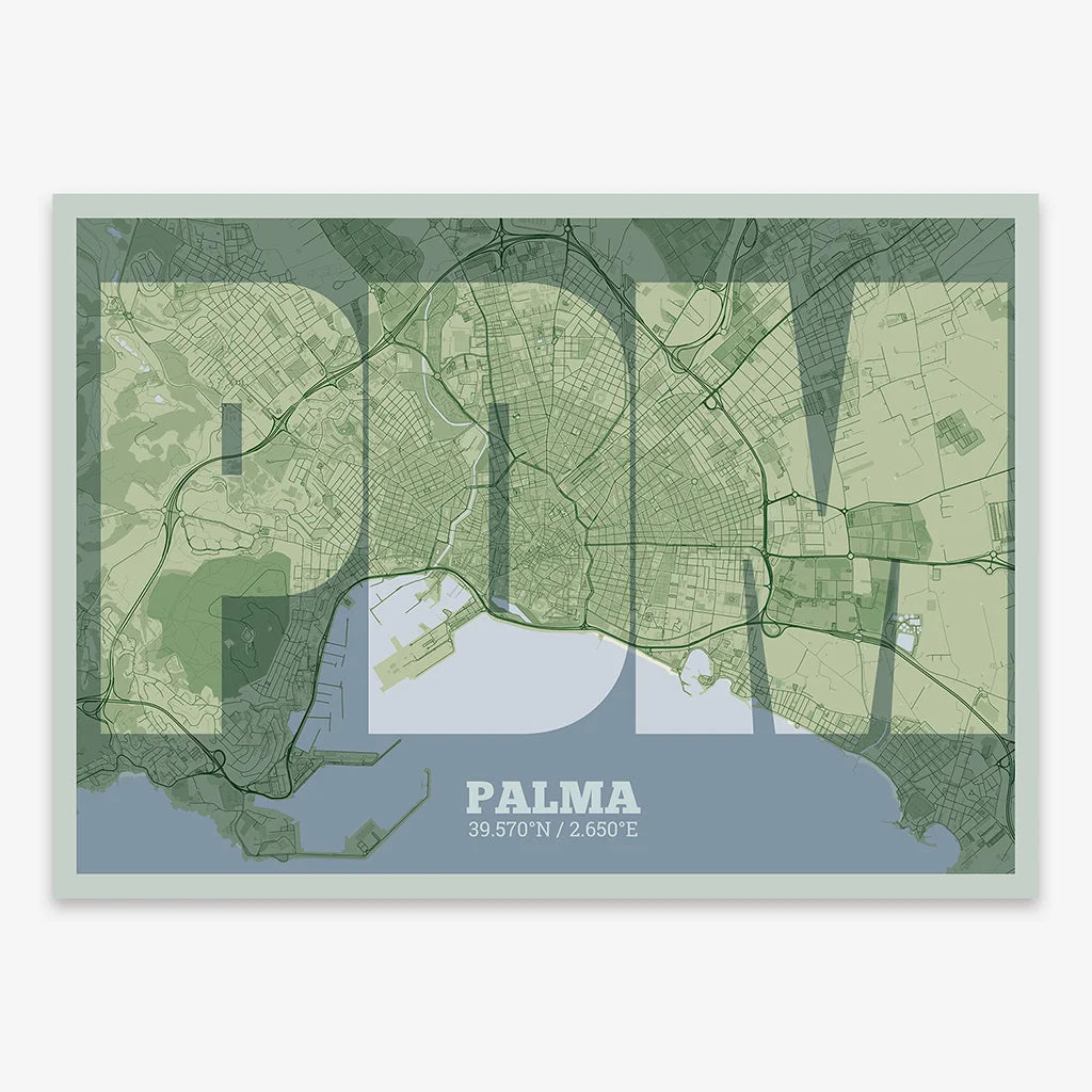 Decorative print of Palma composed with letters in a heavy geometric font printed on two green tones