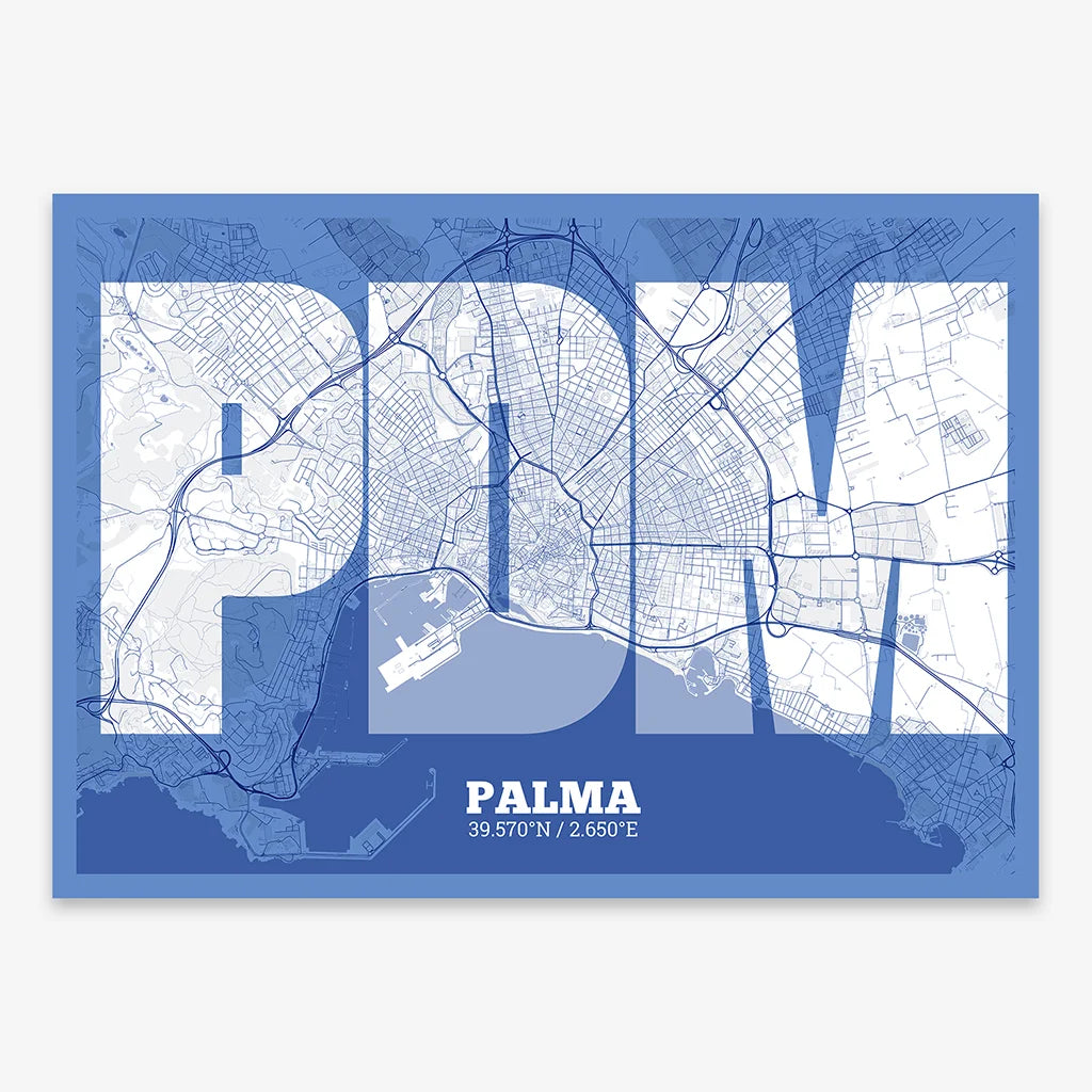 Decorative print of Palma composed with letters in a heavy geometric font printed on navy blue and white