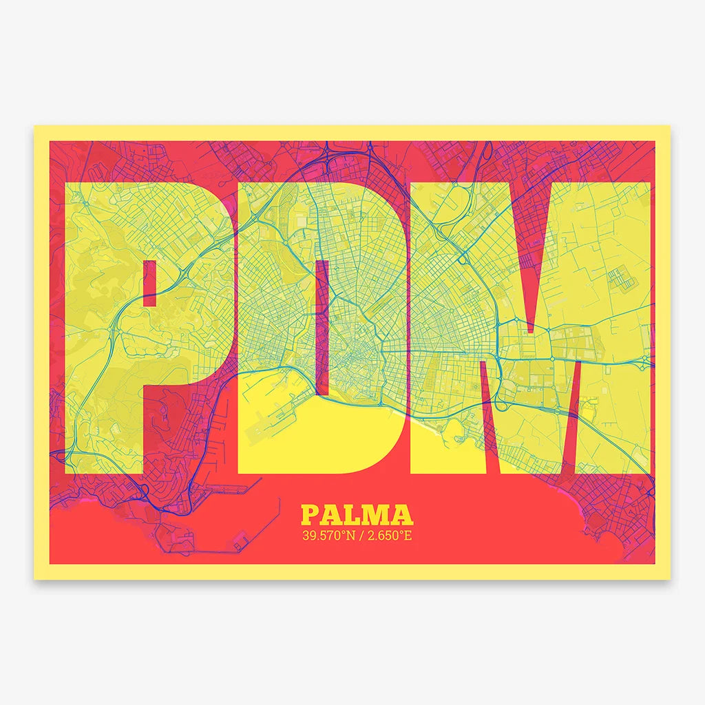 Decorative print of Palma composed with letters in a heavy geometric font printed on yellow and fuchsia