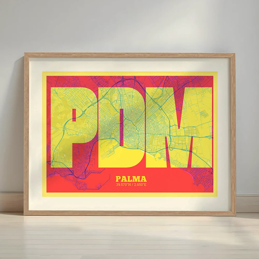 Framed Palma in Super Bold design, a typographic poster where the city map is overlaid with extra-thick lettering for a modern, high-impact look designed in yellow and fuchsia with a white margin border in a warm lit minimalist setting