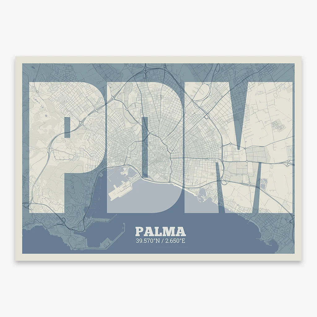 Decorative print of Palma composed with letters in a heavy geometric font printed on bluish gray and an off-white background
