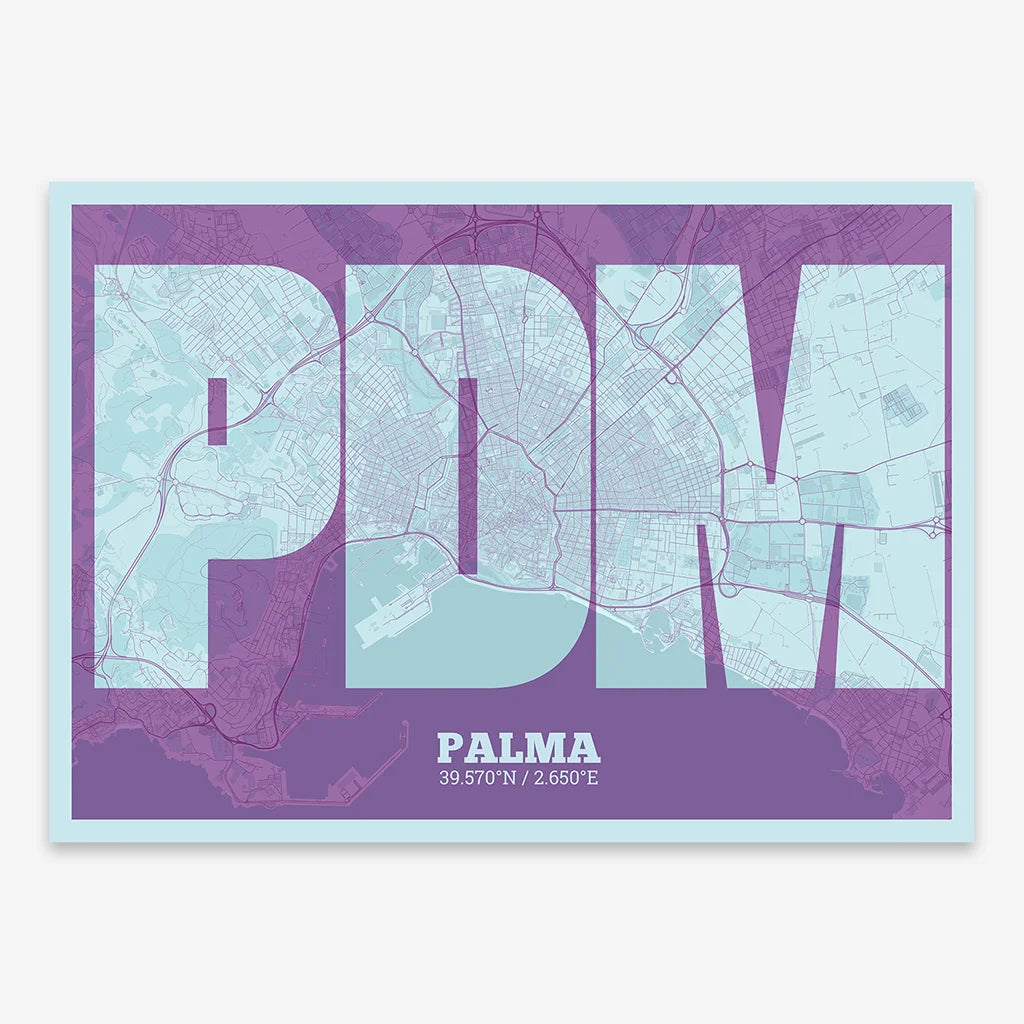 Decorative print of Palma composed with letters in a heavy geometric font printed on purple and light blue