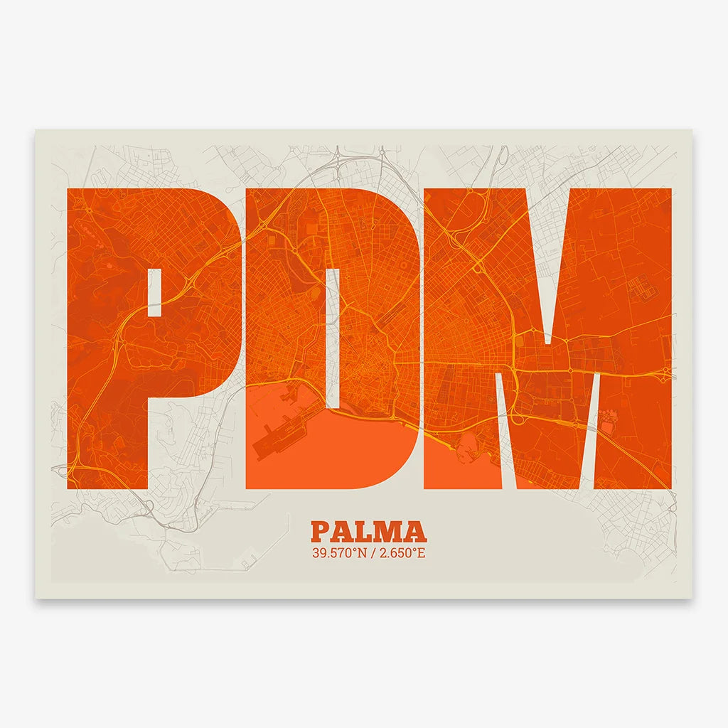 Decorative print of Palma composed with letters in a heavy geometric font printed on orange and an off-white background