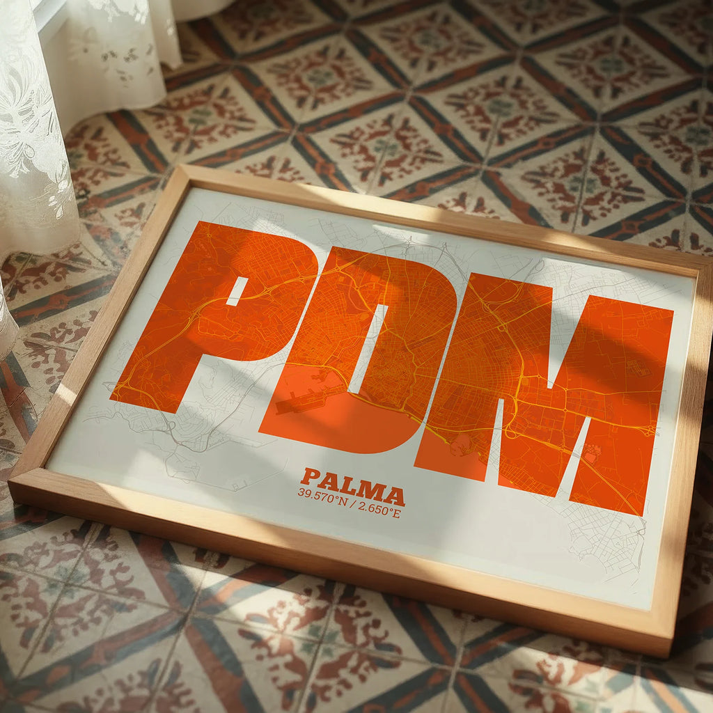 Modern interior design with a Palma in Super Bold design, a typographic poster where the city map is overlaid with extra-thick lettering for a modern, high-impact look designed in orange and an off-white background, displayed on a living room wall