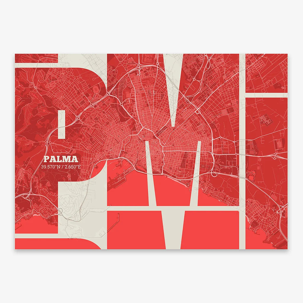 Poster of Palma composed with letters from its abbreviation or its airport IATA code printed on red and an off-white background