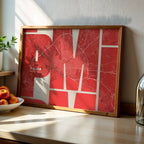 Modern interior design with a Palma in Inseparable design, featuring the city's abbreviation in expressive typography over a detailed urban map designed in red and an off-white background, displayed on a living room wall
