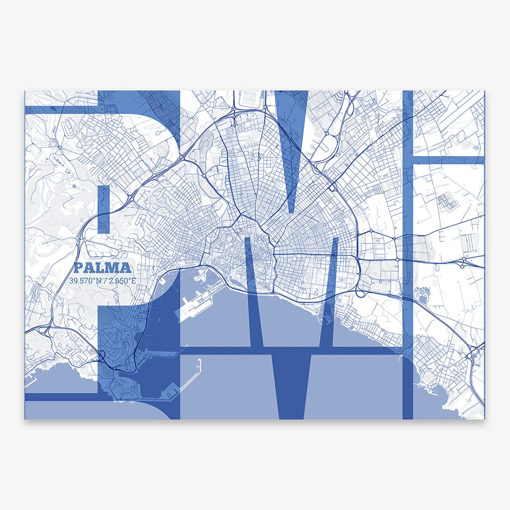Poster of Palma composed with letters from its abbreviation or its airport IATA code printed on navy blue and white