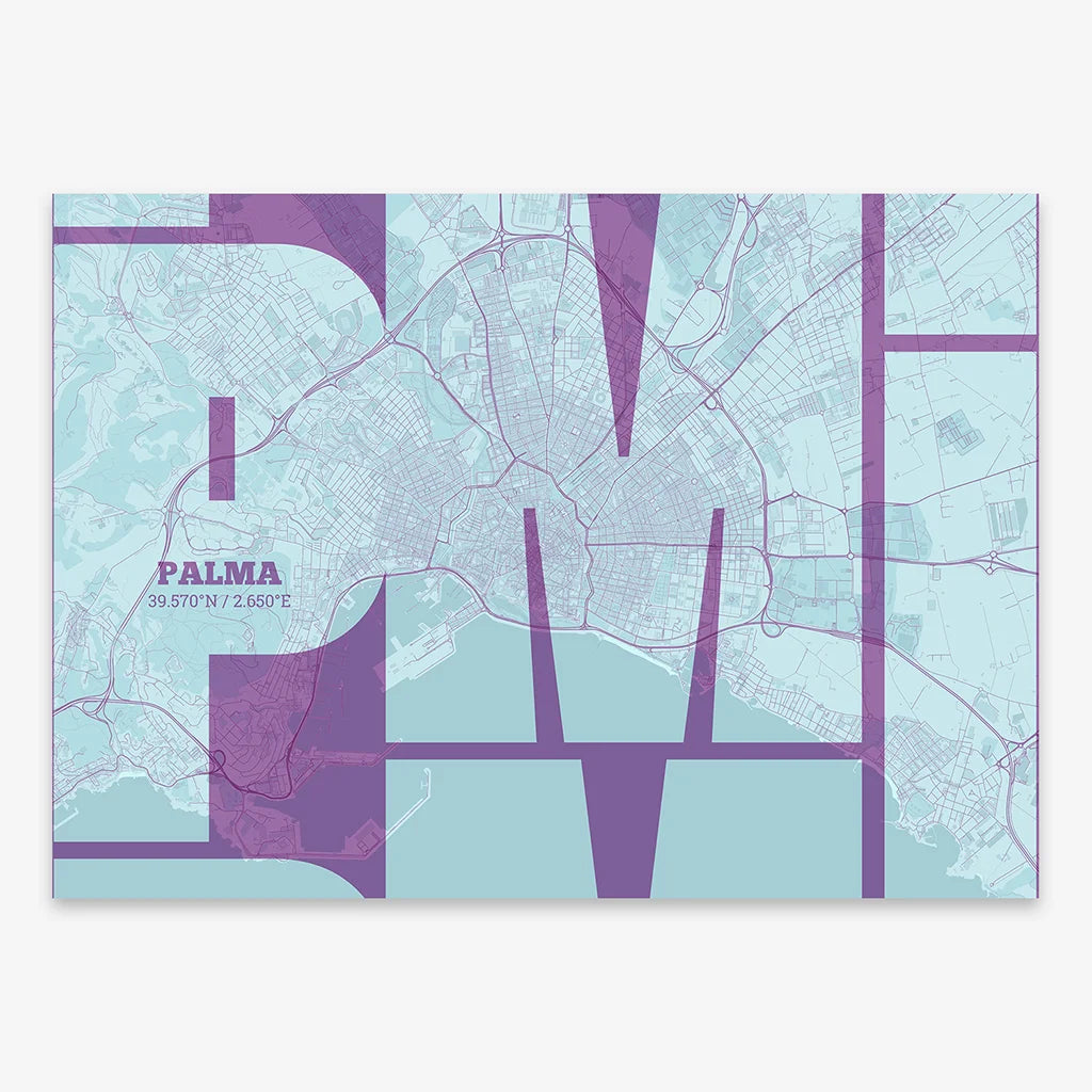 Poster of Palma composed with letters from its abbreviation or its airport IATA code printed on purple and light blue