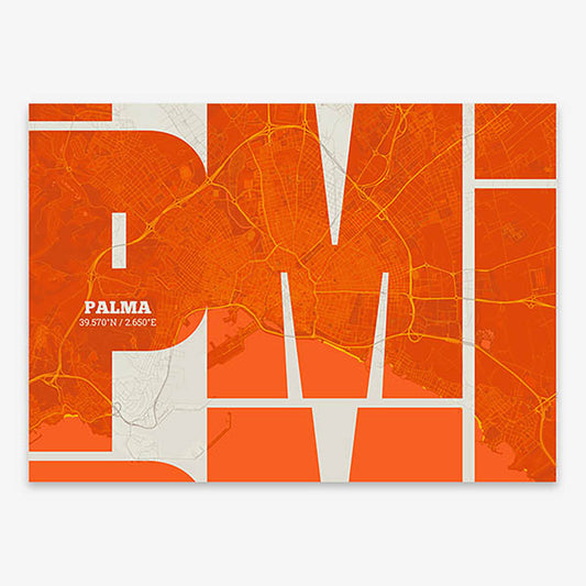 Poster of Palma composed with letters from its abbreviation or its airport IATA code printed on orange and an off-white background