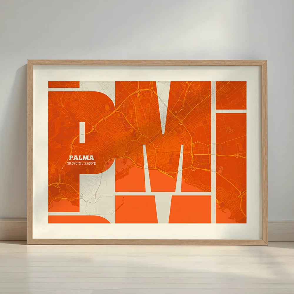 Framed Palma in Inseparable design, featuring the city's abbreviation in expressive typography over a detailed urban map designed in orange and an off-white background with a white margin border in a warm lit minimalist setting