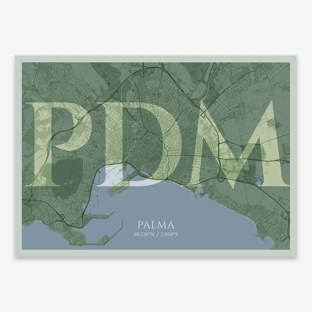 Decorative map of Palma composed with letters in serif font printed on two green tones