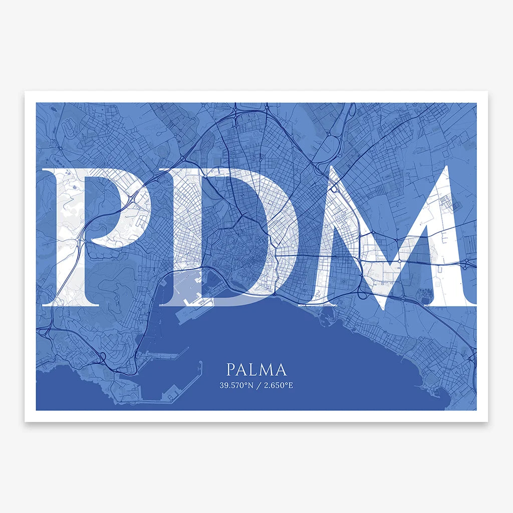 Decorative map of Palma composed with letters in serif font printed on navy blue and white