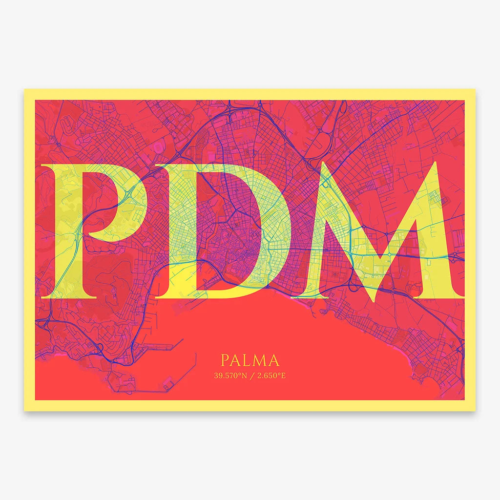 Decorative map of Palma composed with letters in serif font printed on yellow and fuchsia
