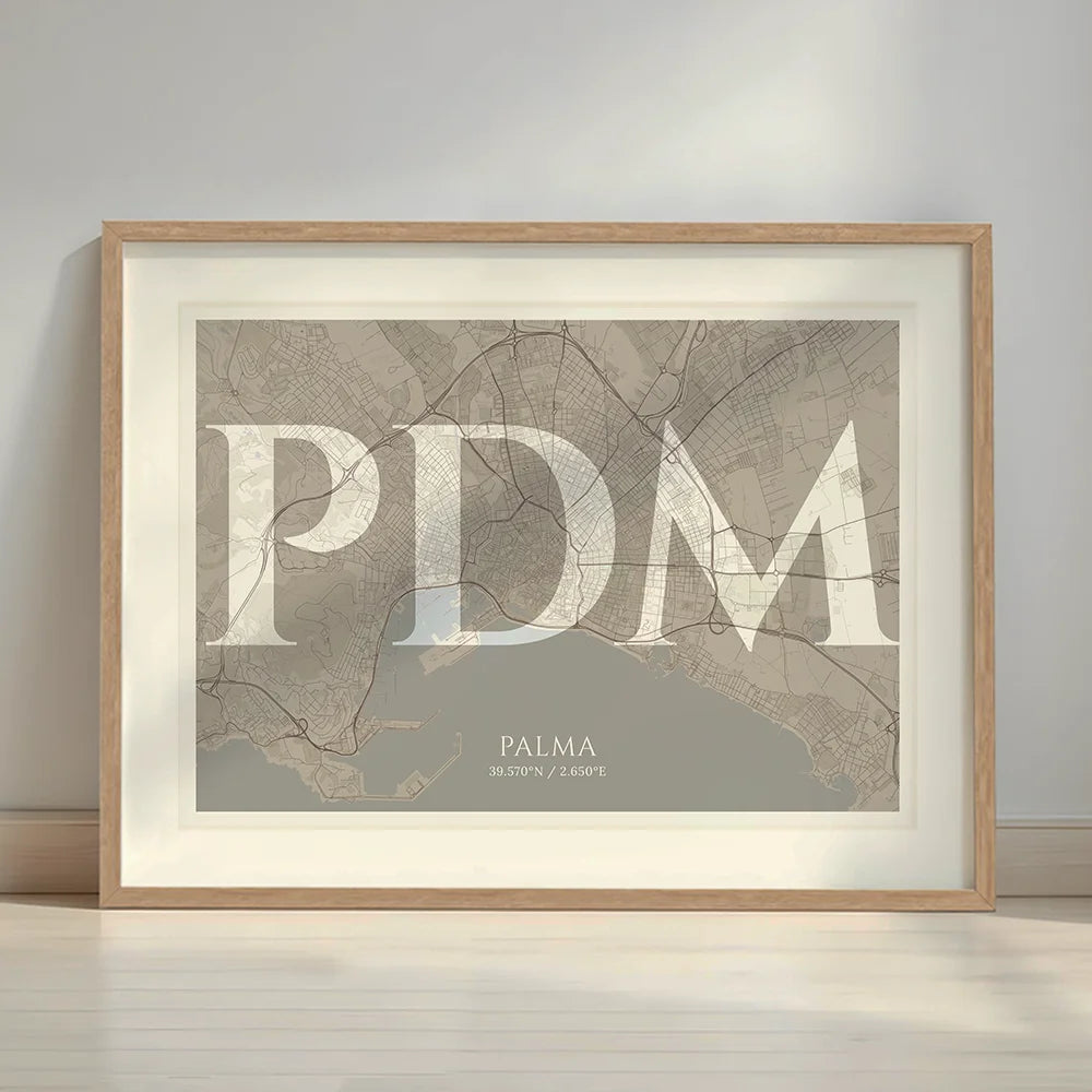 Framed Palma in Classic design, inspired by chiseled typography with an elegant font that creates a beautiful visual contrast designed in light brown and an off-white background with a white margin border in a warm lit minimalist setting