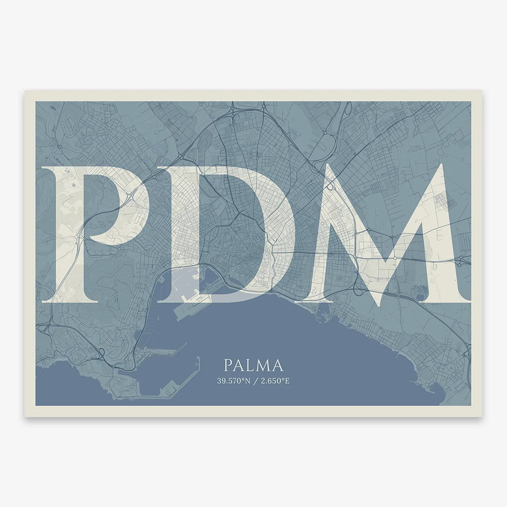 Decorative map of Palma composed with letters in serif font printed on bluish gray and an off-white background