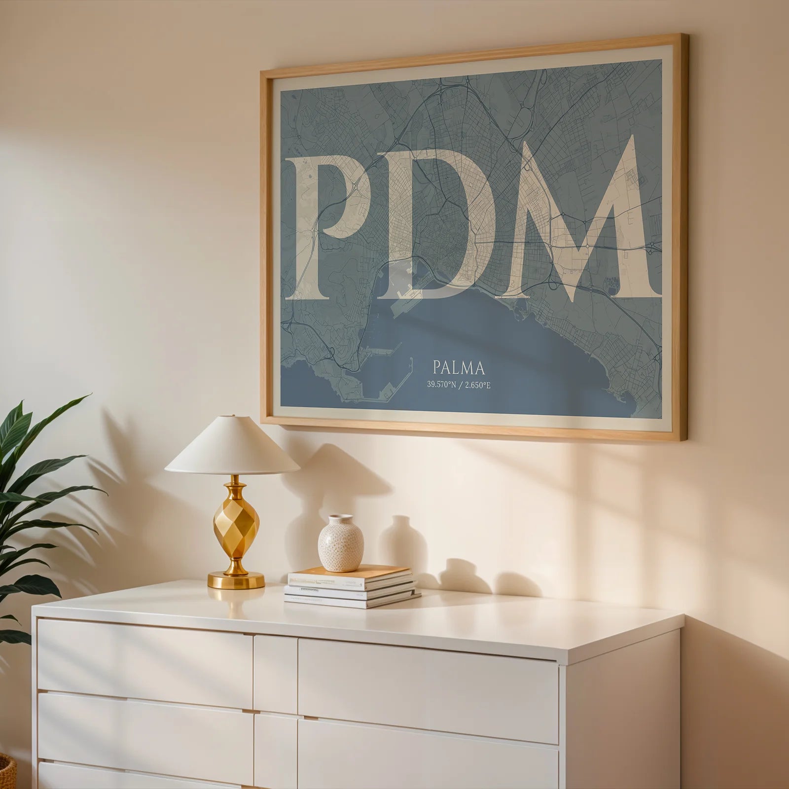 Modern interior design with a Palma in Classic design, inspired by chiseled typography with an elegant font that creates a beautiful visual contrast designed in bluish gray and an off-white background, displayed on a living room wall
