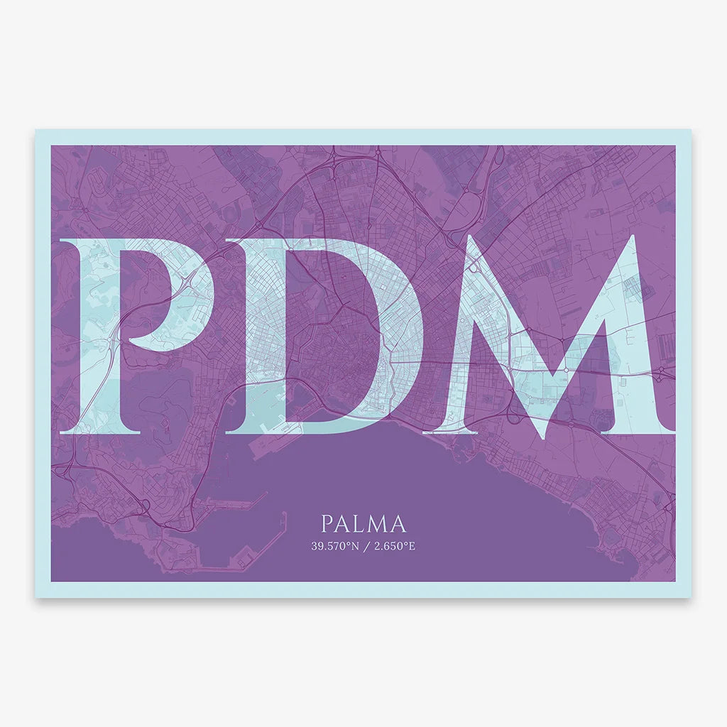 Decorative map of Palma composed with letters in serif font printed on purple and light blue