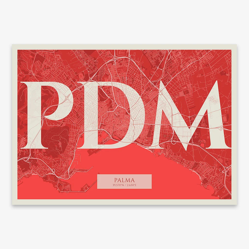 Decorative map of Palma composed with letters in serif font printed on red and an off-white background