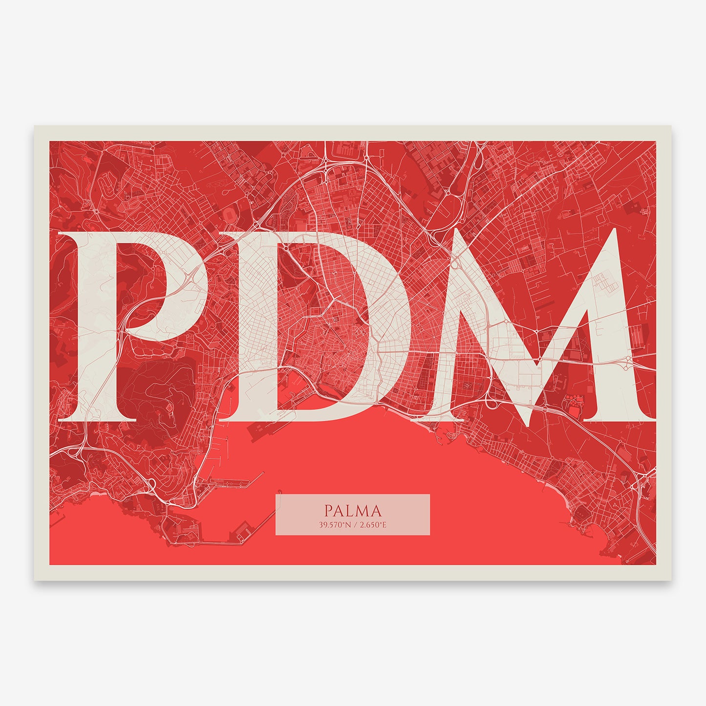 The map of Palma composed with letters in serif font printed on red and an off-white background