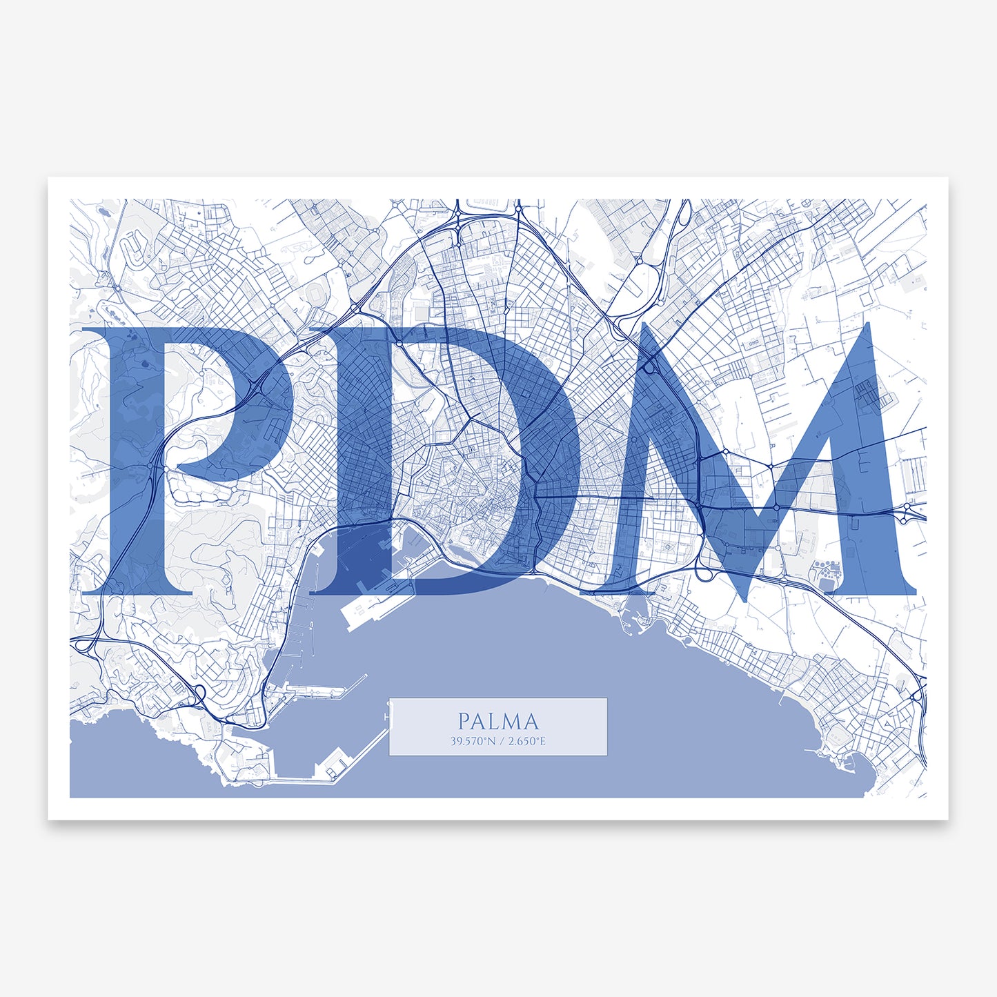 The map of Palma composed with letters in serif font printed on navy blue and white