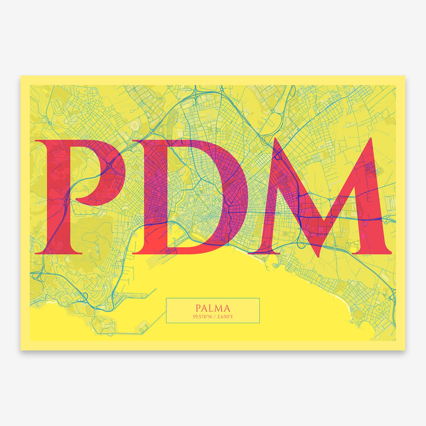 The map of Palma composed with letters in serif font printed on yellow and fuchsia