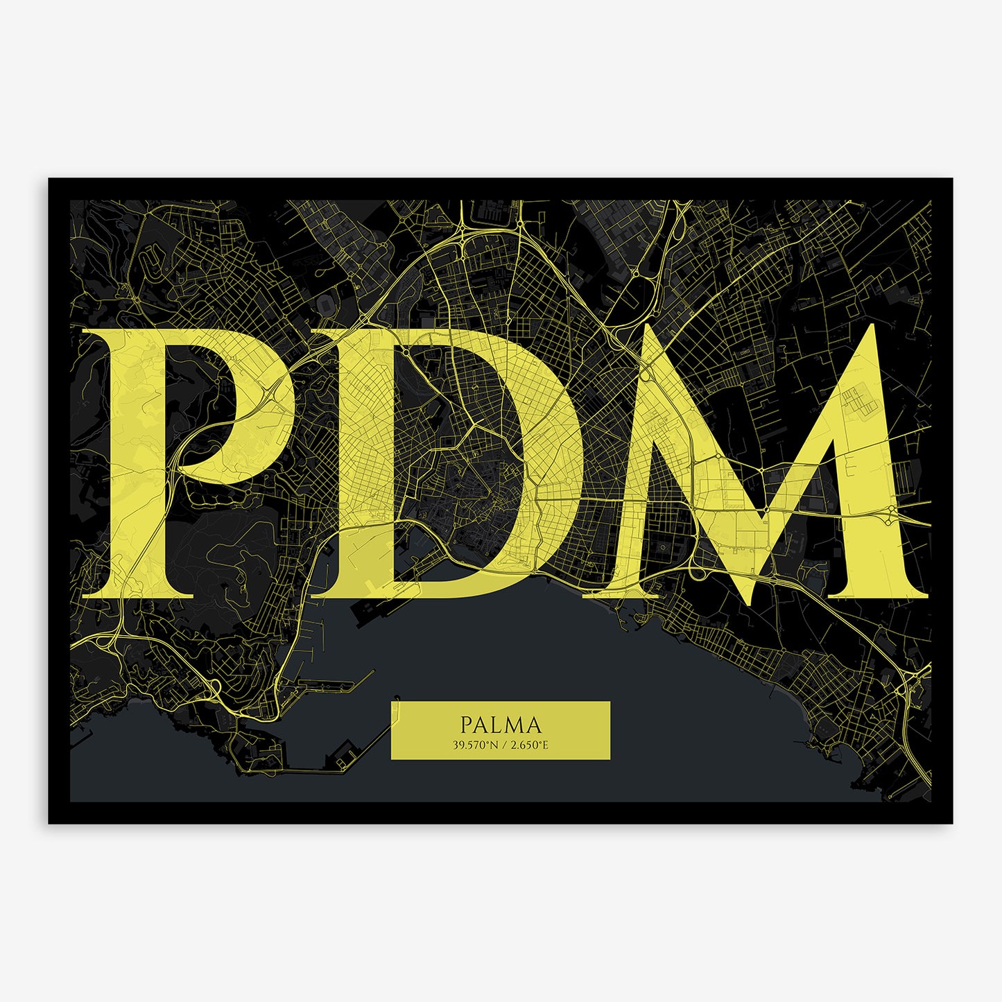 The map of Palma composed with letters in serif font printed on black and yellow