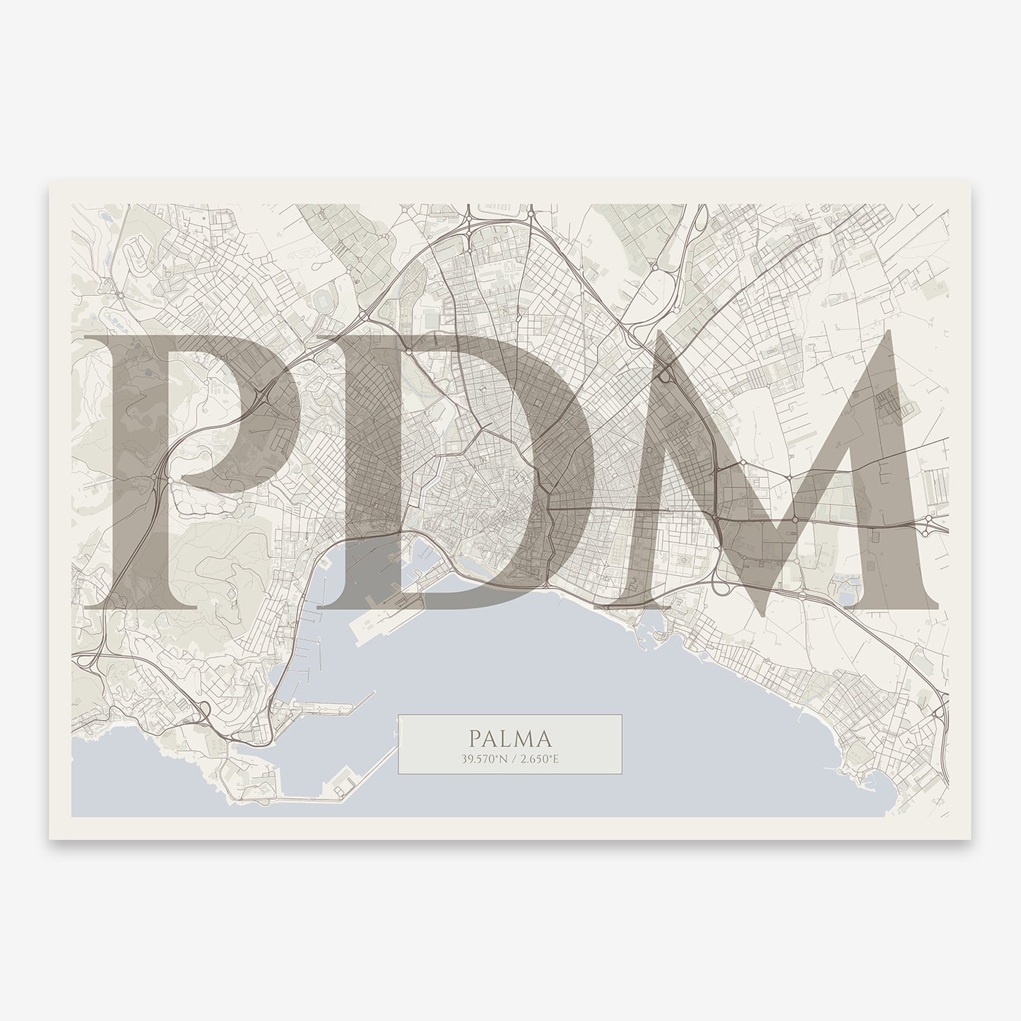 The map of Palma composed with letters in serif font printed on light brown and an off-white background