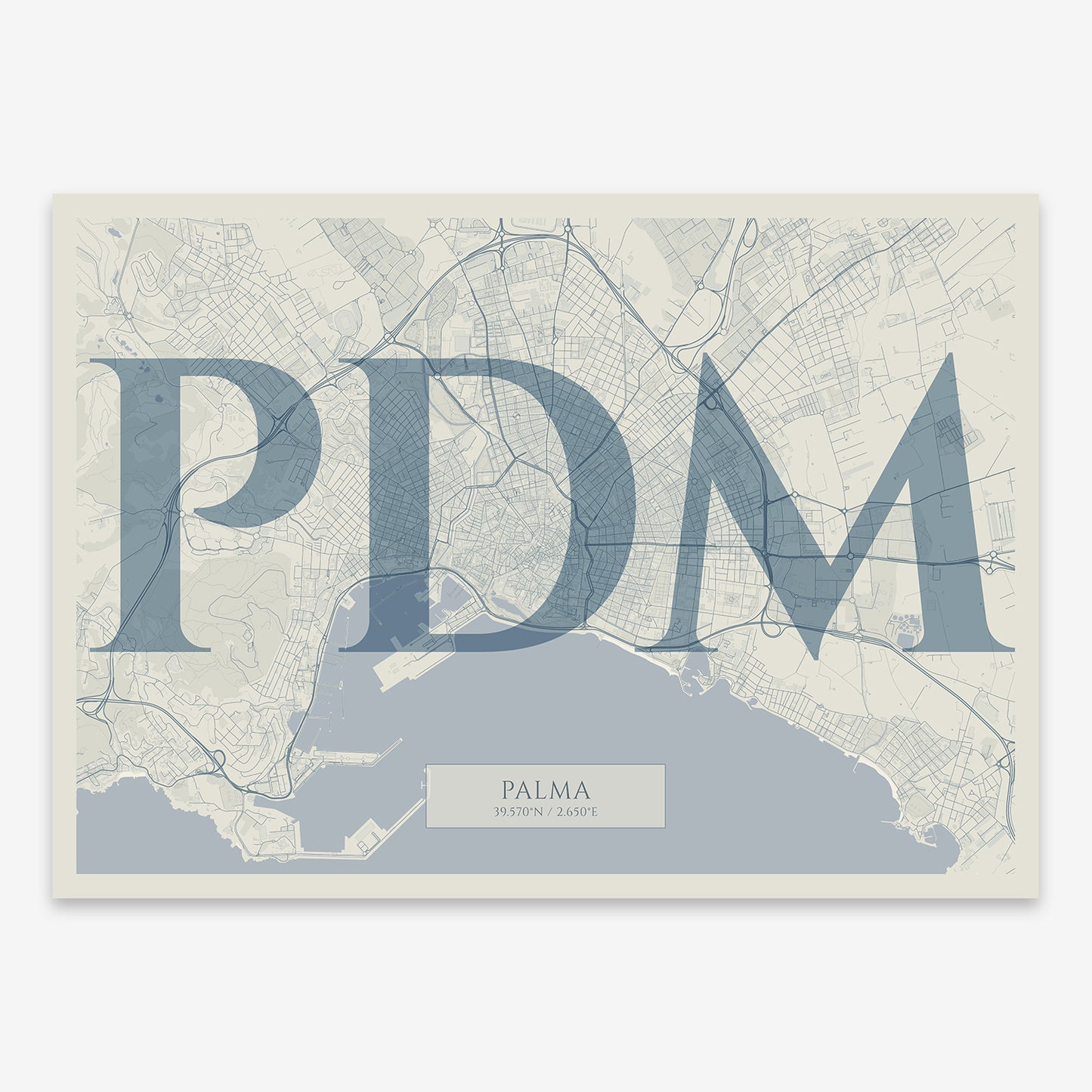 The map of Palma composed with letters in serif font printed on bluish gray and an off-white background