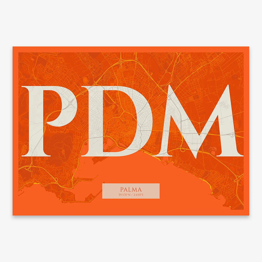 Decorative map of Palma composed with letters in serif font printed on orange and an off-white background