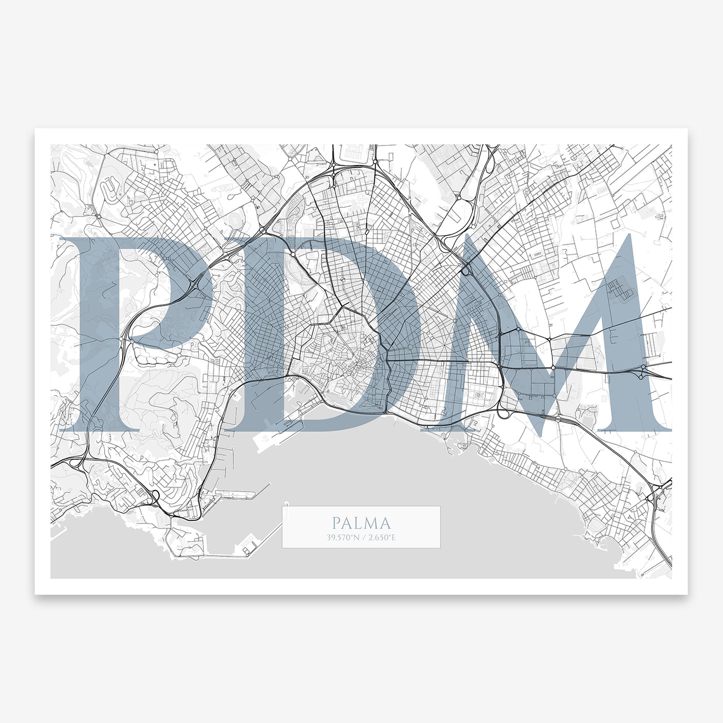 The map of Palma composed with letters in serif font printed on black and white