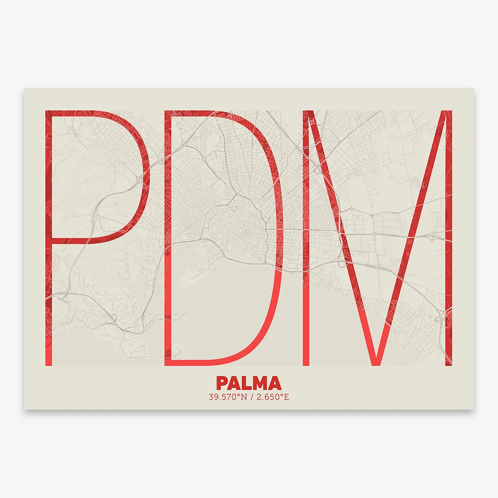 Poster of Palma composed with letters in extra light font printed on red and an off-white background