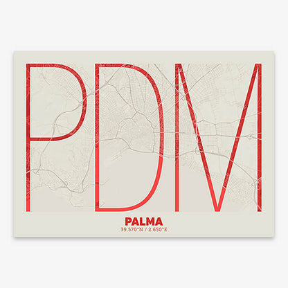 Poster of Palma composed with letters in extra light font printed on red and an off-white background